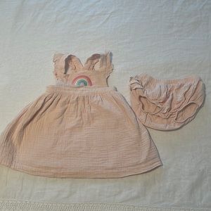 Angel Dear organic cotton embroidered rainbow pinafore dress & ruffle bloomer